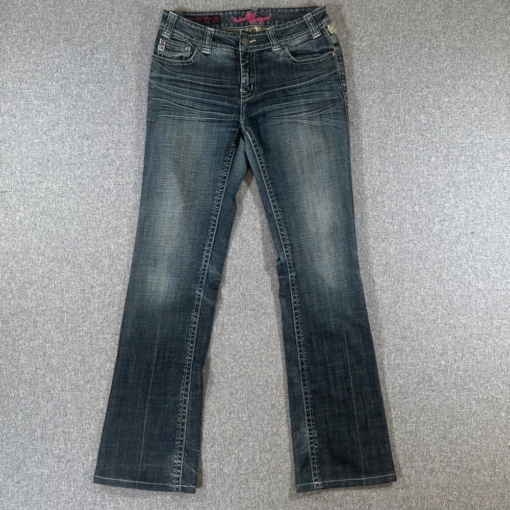 Rock and Roll Cowgirl Mid Rise Bootcut Jeans Rhinestone Dark Wash 28x34 Western